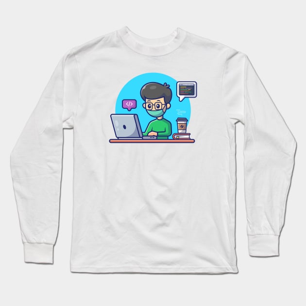 Male working on computer with cat cartoon Long Sleeve T-Shirt by Catalyst Labs